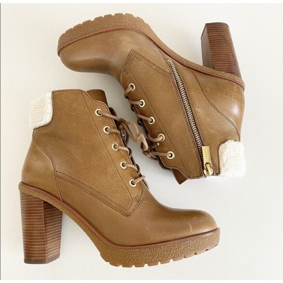 Michael Michael Kors Kim Lace Up Leather Bootie In Dark Caramel Size 7M
